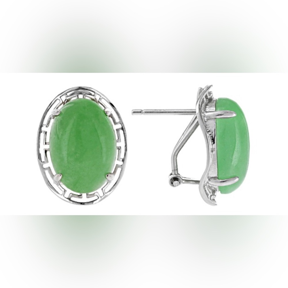 Oval Green Jadeite Sterling Silver Greek Key Stud Earrings